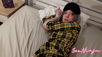 Step mom ties herself to the bed with a blindfold on Step mom ties herself to the bed with a blindfold on