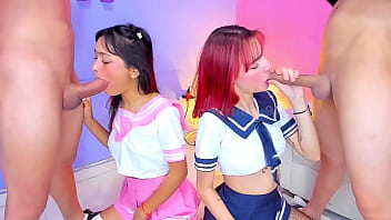 Beautiful sailor girls give him cock savoring