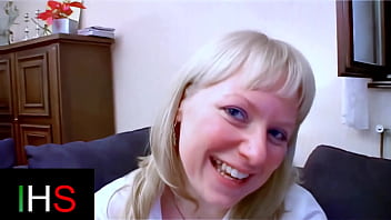 Blonde milf with light eyes ass fucked with cumshot on belly