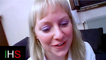 Blonde milf with light eyes ass fucked with cumshot on belly