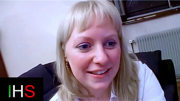 Blonde milf with light eyes ass fucked with cumshot on belly