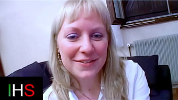 Blonde milf with light eyes ass fucked with cumshot on belly