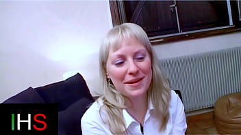 Blonde milf with light eyes ass fucked with cumshot on belly