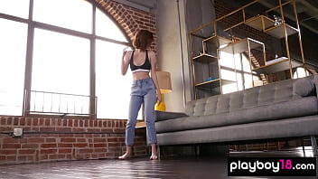 Confident red teen beauty reveals her amazing natural boobs