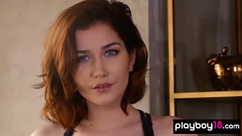 Confident red teen beauty reveals her amazing natural boobs