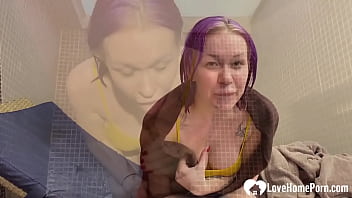 Purple haired hottie goes down on me in public