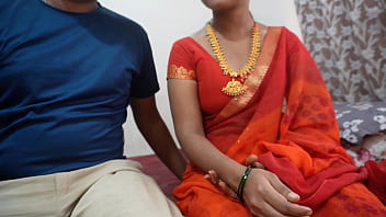 Indian hot teacher in red saree seducing young boy sex