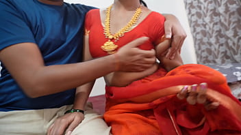 Indian hot teacher in red saree seducing young boy sex