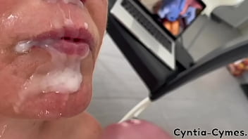 Blow job when he watches my porn on laptop with a lot cum in my mouth