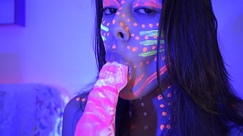 Naughty blowjob to a big shape dildo