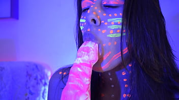 Naughty blowjob to a big shape dildo