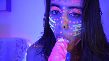 Naughty blowjob to a big shape dildo