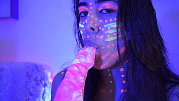 Naughty blowjob to a big shape dildo