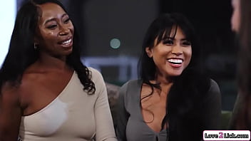 Curvy brunette has open relationship with ebony gf and they have a 3some with a petite asian licks the black girl pussy as she gets oral sex