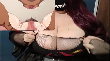 Busty girl watching hentai while play with a bbc dildo