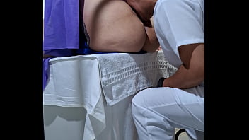 The gynecological exam ends with the patient's orgasm and the doctor's cumshot