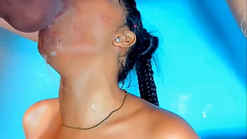 Brunette swallows the whole cock letting out a lot of saliva sloppy