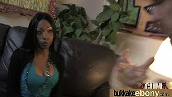 Ebony babe sucks group of white guys 13