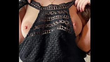 Busty slut brings herself to incredible orgasm with big dildo in black dress