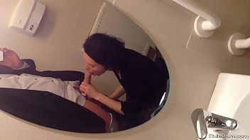 Short haired wife sucks a cock in the bathroom