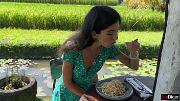 Cumwalk in public cafe eating pasta carbonara with sperm on face