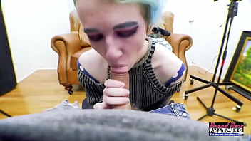 Blue haired exotic coed raven masturbates and deepthroats a hard cock