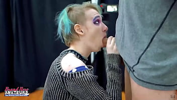 Blue haired exotic coed raven masturbates and deepthroats a hard cock