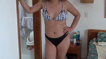 Stepson records me putting on a bikini to show off on the beach and masturbates