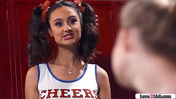 Latina cheerleader helps a petite blonde to stretch and gets kiss and the big tits brunette asslicks they masturbate and squirt