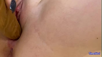 Horny bitch fucks sweet pussy close up