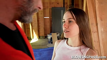 Teen sia wood is bored she goes to the kitchen and starts flirting with the old handyman the guy gets hard he sucks her tits then fucks her face