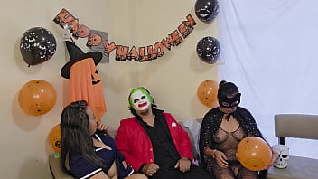 Homemade halloween threesome with stepmother stepdaughter and stepson