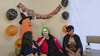 Homemade halloween threesome with stepmother stepdaughter and stepson