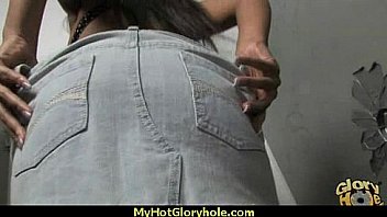 Ebony slut fucks a white gloryhole cock in her first interracial scene 9