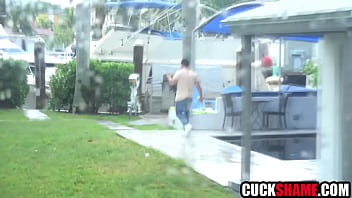 Cuckold hubby sharing latina wife with buff friend