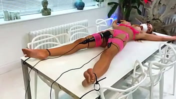Double vibrator on table tied up girl