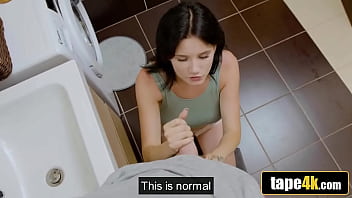 Big tit brunette stepsister rewards him with more than just oral