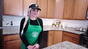 Busty starbucks barista squirts all over bbc and swallows cum during her shift
