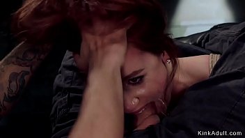 Redhead slave trainee audrey holiday gets deep throat banged then big cock master tommy rough anal fucks her in bondage threesome