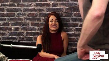 Attractive busty babe teasing sub with toys