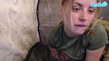 Blonde horny female solider fucks herself on cam