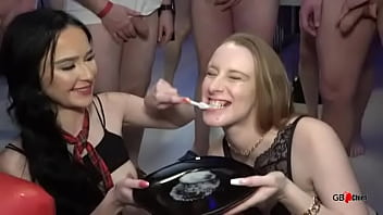 Bukkake cum play swallow eat session with two hot girls