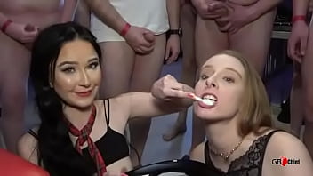 Bukkake cum play swallow eat session with two hot girls