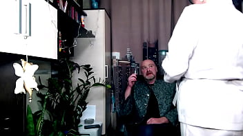 Filming a movie about checking the elasticity of an elderly secretary's pussy view from one of the cameras