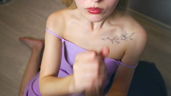 Beauty in a beautiful purple dress and red lips jerks off her stepbrother while no one is home he can’t hold back from pleasure and cums right on her beautiful face