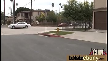 Ebony babe sucks group of white guys 3