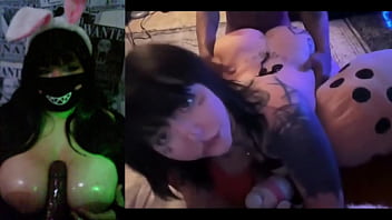 Goth milf on webcam playing with a bbc dildo with her big natural tits exposed