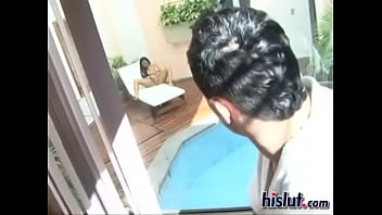 Dark haired hottie gives him head and rides him