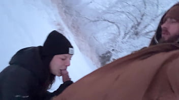 Country milf almost caught fucking in the snow