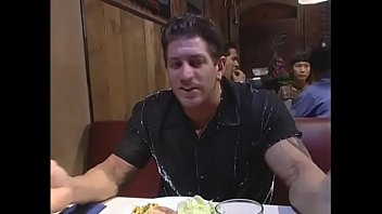 Muscular stallion fucks excited leggy chick in front of cafe visitors